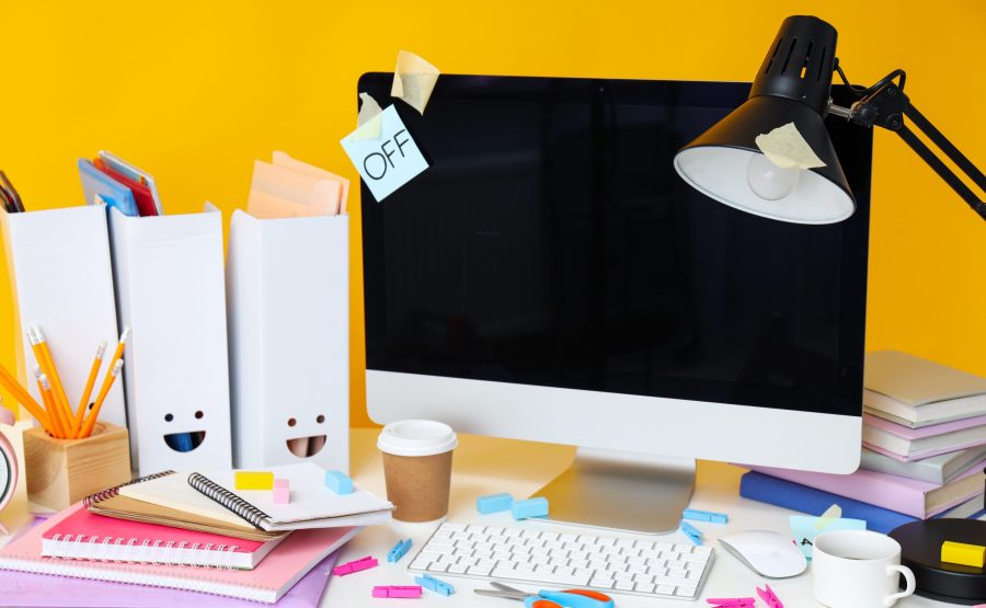 Messy office workplace, workplace and workspace concept